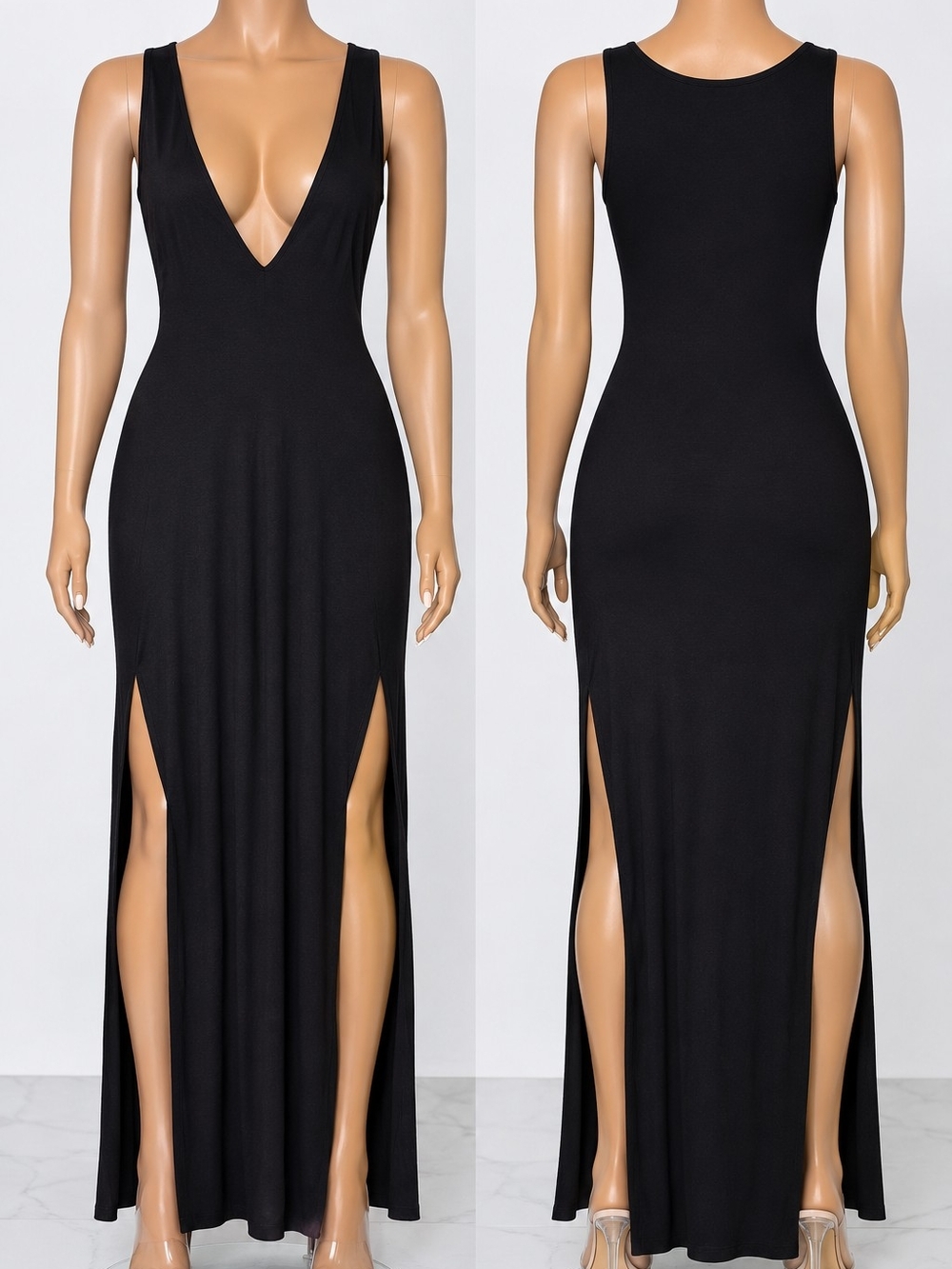 Sleeveless Black Deep V Maxi Dress with Double Front Slits